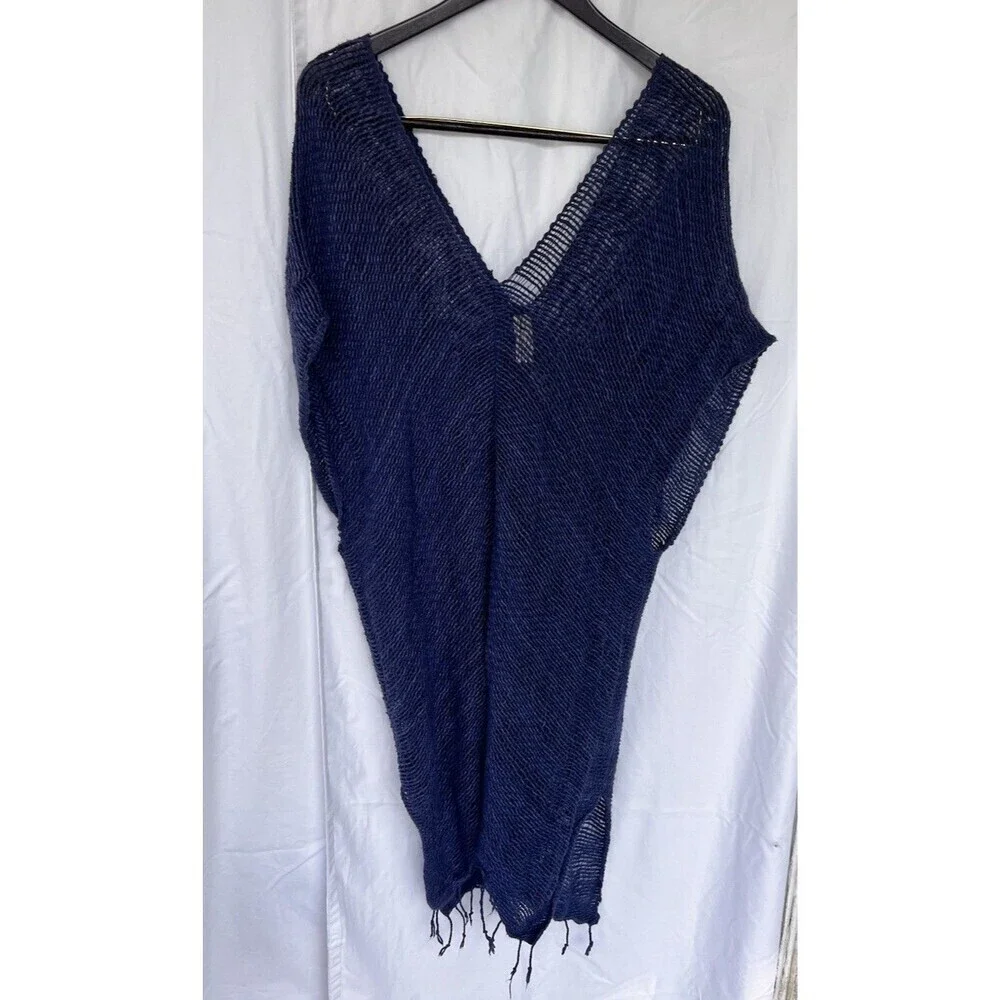 Monserat De Lucca Navy Open Weave Knit Tunic Cover-Up Fringe Hem Boho Resort OS